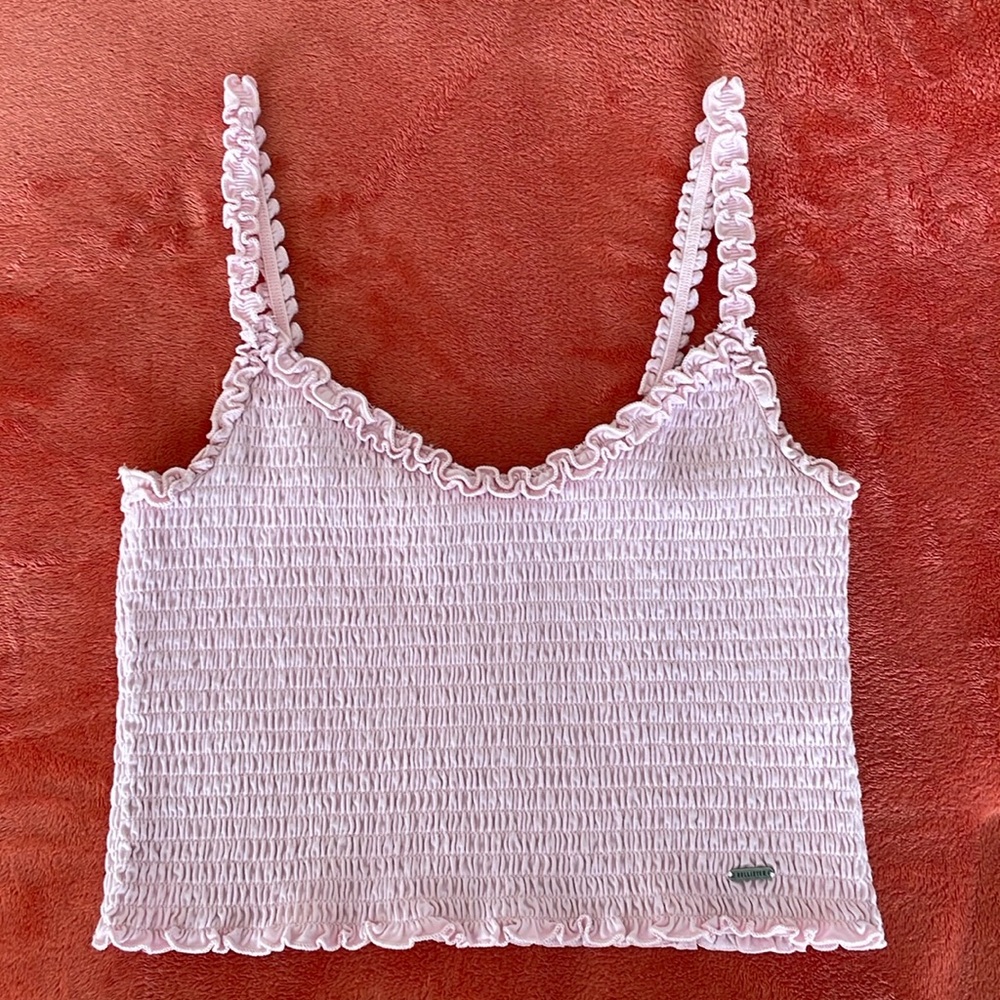 Hollister Pink Smocked Tank Top with Ruffled Straps and Edges Size L